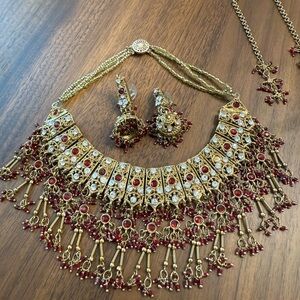 Gold and Red Statement Necklace and Earring Set
